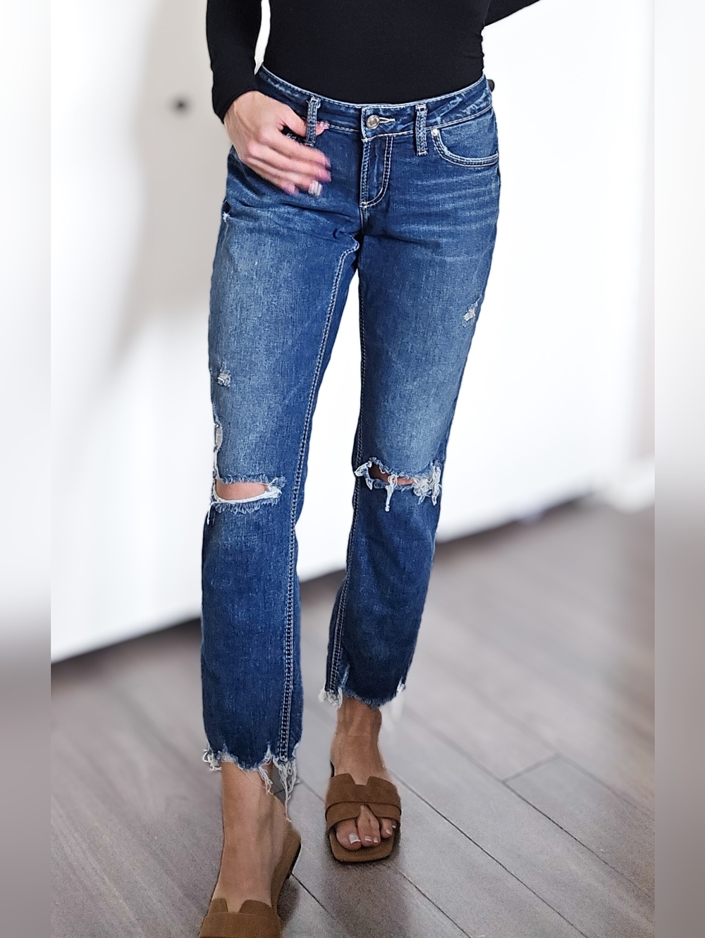 Silver Jeans Co Boyfriend Distressed Crop Jeans Raw Hem Stretch Denim Size 27